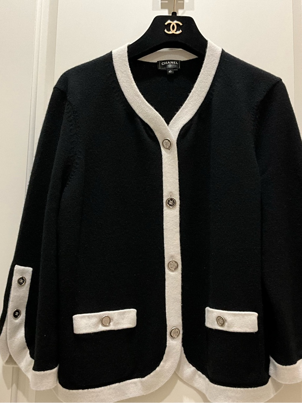 Chanel Black & White Contrast Trim Cardigan Sweater Cashmere